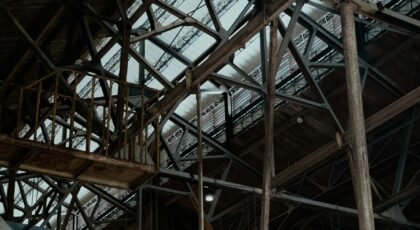 Inside view of an industrial warehouse's steel framework in Pingtung, Taiwan.