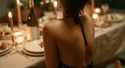 Elegant woman in backless dress at candlelit dinner table set for a festive gathering.