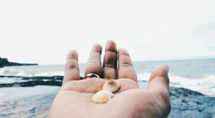 Close-up of hand holding shells with the serene Bali coastline in the background.