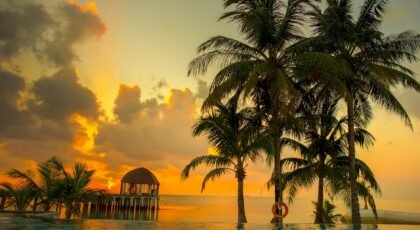 Breathtaking sunset over tropical beach with palm trees and ocean view, capturing serene beauty.
