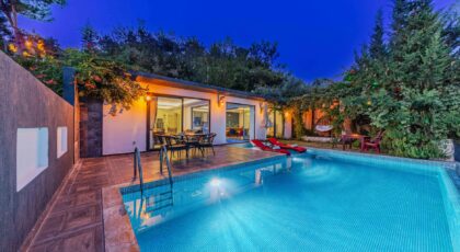 Elegant modern villa with a swimming pool surrounded by lush greenery in the evening.