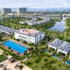 A stunning aerial shot of a luxurious tropical resort with villas and a pool in Vietnam.