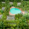 Stunning aerial shot of a resort with a swimming pool surrounded by lush palm trees.